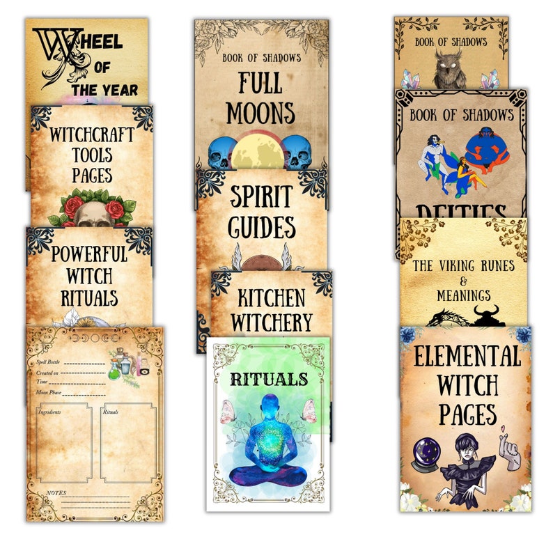 Pu&ograve; includere: Un set di pagine di stregoneria stampabili per un libro delle ombre. Le pagine includono titoli come "Ruota dell'Anno", "Lune Piene", "Guide Spirituali", "Stregoneria da Cucina", "Rituali", "Divinit&agrave;", "Le Rune Vichinghe e i loro Significati", "Pagine di Strega Elementali", "Pagine di Strumenti di Stregoneria" e "Potenti Rituali di Stregoneria".