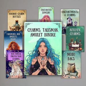以下が含まれることがあります： 「Charms, Talisman, Amulet Bundle」、「Hoodoo Charm Bottles」、「Enchanted Jewelry」などのタイトルが書かれたイラスト入りの本の表紙のコレクションです。「Enchantments & Charms」、「Kitchen Charms」、「Mojo Bags」、「Talismans and Amulets Magic」、「Nocturnal Protection Charms」も含まれています。