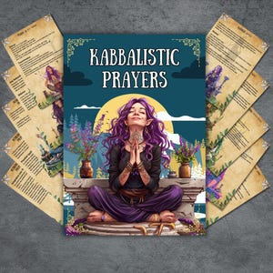 May include: A collection of cards and a central image featuring the text "KABBALISTIC PRAYERS." The central image depicts a person with purple hair and clothing, meditating. Surrounding the central image are several cards with text and illustrations.