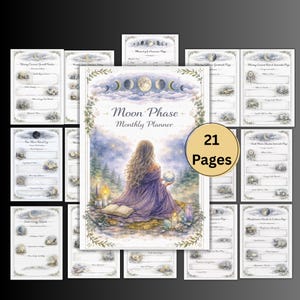 Pode incluir: Um conjunto de planejadores mensais Moon Phase de 21 páginas. A capa apresenta uma ilustração em aquarela de uma mulher em um vestido roxo segurando um globo, cercada por velas e um livro. As páginas do planejador têm um tema celestial.
