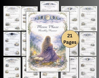 May include: A collection of 21-page Moon Phase Monthly Planners. The cover features a watercolor illustration of a woman in a purple dress holding a globe, surrounded by candles and a book. The planner pages have a celestial theme.