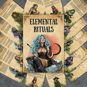 Può includere: Un set di carte stampabili con illustrazioni di esseri elementali e testo sui rituali elementali. Le carte sono progettate in stile vintage con uno sfondo di pergamena e presentano una varietà di elementi, tra cui fuoco, acqua, terra e aria.