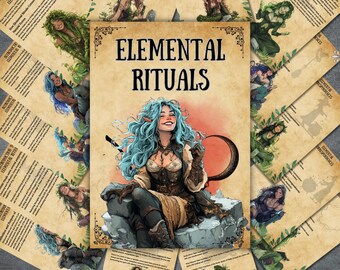 May include: A set of printable cards with illustrations of elemental beings and text about elemental rituals. The cards are designed in a vintage style with a parchment background and feature a variety of elements, including fire, water, earth, and air.