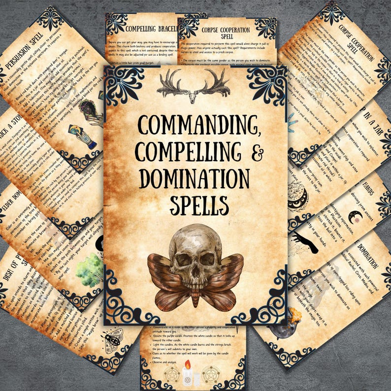 Puede incluir: Un conjunto de cartas de hechizos imprimibles con una ilustraci&oacute;n de calavera y polilla. Las cartas tienen t&iacute;tulos como "Commanding, Compelling & Domination Spells", "Persuasion Spell", "Corpse Cooperation Spell", "Elder Dominion", "Dish of Persuasion", "Pick a Stone", "In a Jar", "Hands", and "Domination".