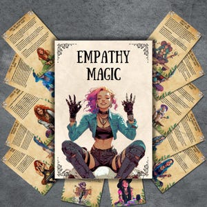 May include: A fantasy-themed book cover with the title "EMPATHY MAGIC" and an illustration of a woman with pink and purple hair, wearing a blue jacket and black gloves. Surrounding the book are several cards with illustrations and text.