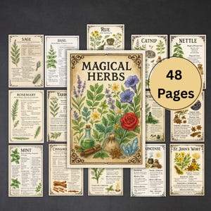 May include: A collection of botanical prints featuring various herbs, including sage, basil, and rosemary. The central image displays "MAGICAL HERBS" with illustrations of flowers, a potion bottle, and crystals. A circular graphic indicates "48 Pages".