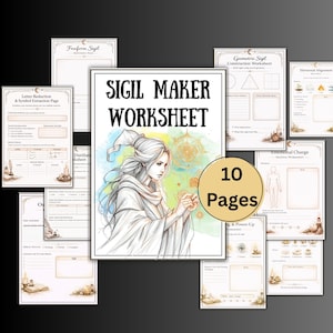 May include: A collection of 10 pages of worksheets with the title "Sigil Maker Worksheet". The central image is a drawing of a woman in a white robe. The worksheets include titles such as "Letter Reduction" and "Geometric Sigil Construction".