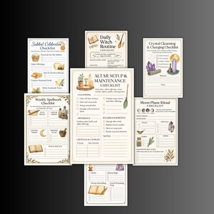 K&ouml;nnte beinhalten: Eine Sammlung von Checklisten im Aquarellstil f&uuml;r spirituelle Praktiken. Die Checklisten umfassen Themen wie Sabbat-Feiern, t&auml;gliche Hexenroutinen, Kristallreinigung und Mondphasenrituale. Jede Checkliste enth&auml;lt Illustrationen und Aufforderungen.
