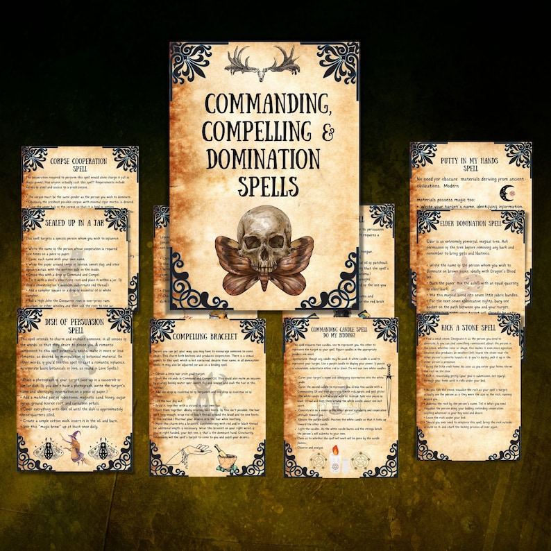 Puede incluir: Un conjunto de cartas de estilo vintage con instrucciones para varios hechizos, incluyendo "Corpse Cooperation Spell", "Sealed Up in a Jar Spell", "Dish of Persuasion Spell", "Compelling Bracelet", "Commanding Candle Spell Do My Bidding", "Putty in My Hands Spell", "Elder Domination Spell", y "Kick a Stone Spell". Las cartas presentan un dise&ntilde;o de calavera y polilla.