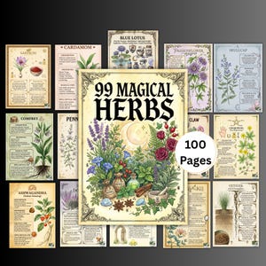 Pode incluir: Uma coleção de cartões ilustrados de ervas com o título "99 Magical Herbs" no centro. Os cartões apresentam várias ervas, incluindo Açafrão, Confrei e Ashwagandha, com descrições e ilustrações detalhadas. A imagem inclui um rótulo de "100 Páginas".