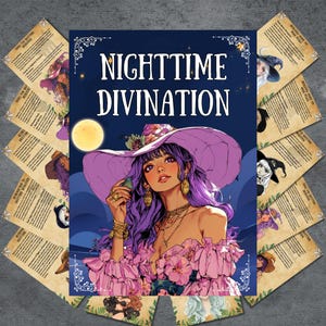 May include: A deck of cards and a book titled "Nighttime Divination" featuring a woman with purple hair and a large purple hat. The book has a full moon illustration. The cards have illustrations of witches and text.