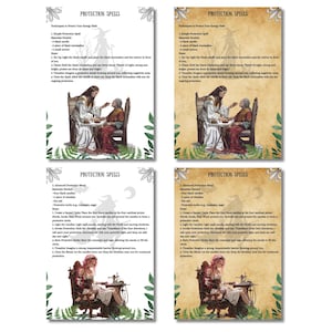 Op de afbeelding: Vier afdrukken van Protection Spells, elk met een andere achtergrondkleur. De bovenste twee afdrukken hebben een beige achtergrond en de onderste twee hebben een lichtbruine achtergrond. Elke afdruk bevat tekst en een illustratie van twee personen. De tekst beschrijft technieken om je energieveld te beschermen.