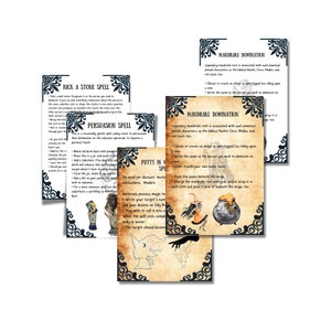Puede incluir: Un conjunto de cartas de hechizos de bruja imprimibles con ilustraciones. Las cartas presentan hechizos como "Lanzar un hechizo de piedra", "Hechizo de persuasi&oacute;n", "Dominaci&oacute;n de mandr&aacute;gora" y "Masilla en un hechizo".