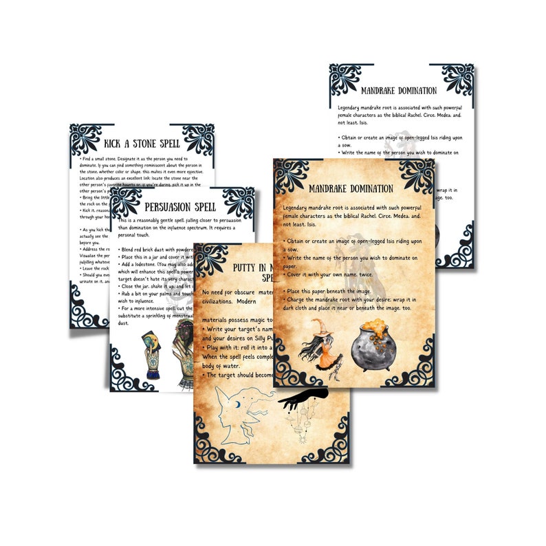 Puede incluir: Un conjunto de cartas de hechizos de bruja imprimibles con ilustraciones. Las cartas presentan hechizos como "Lanzar un hechizo de piedra", "Hechizo de persuasi&oacute;n", "Dominaci&oacute;n de mandr&aacute;gora" y "Masilla en un hechizo".
