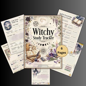 May include: A collection of six pages of a "Witchy Study Tracker" with a mystical theme. The cover features the title, a pentagram, moon phases, and illustrations of books, candles, and potions. The pages include study logs and intention trackers.