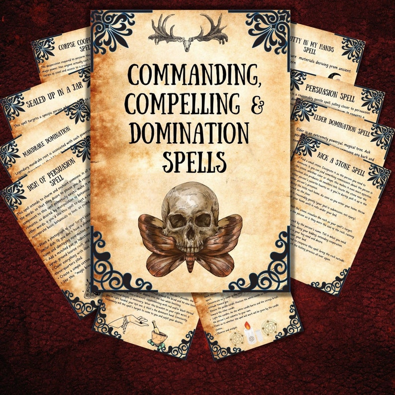 Puede incluir: Un conjunto de cartas de estilo vintage con ilustraciones de una calavera y una polilla, con el texto "Commanding, Compelling & Domination Spells". Las cartas detallan varios hechizos con nombres como "Corpse Coop Spell", "Sealed Up in a Jar Spell", "Mandrake Domination Spell", "Dish of Persuasion Spell", "Putty in My Hands Spell", "Persuasion Spell", "Elder Domination Spell" y "Kick a Stone Spell".