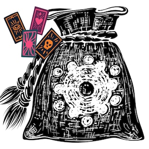 May include: A black, textured bag with a white, circular design in the center. The bag has a drawstring closure and a long, braided strap. There are four tarot cards on top of the bag, each with a different design.