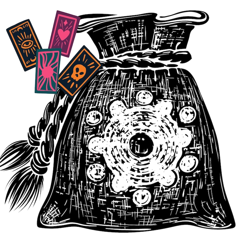 May include: A black, textured bag with a white, circular design in the center. The bag has a drawstring closure and a long, braided strap. There are four tarot cards on top of the bag, each with a different design.