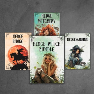 Könnte beinhalten: Eine Sammlung von Fantasy-Kunstdrucken mit den Titeln 'Hedge Witchery', 'Hedge Riding', 'Hedge Witch Bundle' und 'Hedge Walking'. Die Drucke zeigen Illustrationen von Frauen, Reitern auf Pferden und Hexen mit einem Igel.