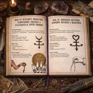May include: An open book with sigils for authority projection and emotional softening. The pages feature detailed illustrations and text, with symbols and instructions. A lit candle, crystals, and keys are on the wooden surface.
