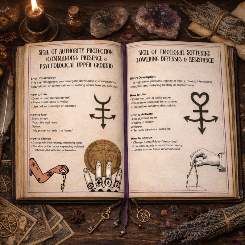May include: An open book with sigils for authority projection and emotional softening. The pages feature detailed illustrations and text, with symbols and instructions. A lit candle, crystals, and keys are on the wooden surface.