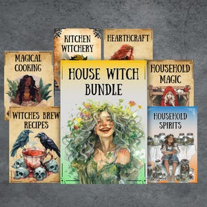 May include: A set of printable digital downloads for house witchery. The titles include "Magical Cooking", "Witches Brew Recipes", "Kitchen Witchery", "Hearthcraft", "House Witch Bundle", "Household Magic", and "Household Spirits".