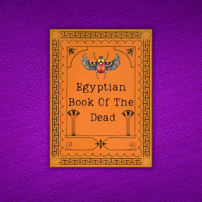 May include: An orange book cover with the title "Egyptian Book Of The Dead" in a decorative font. The cover features a scarab beetle with colourful wings and ornate border details, set against a textured purple background.
