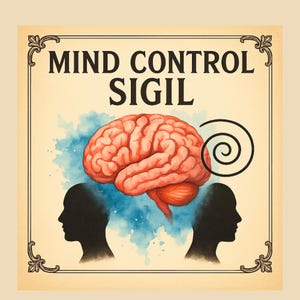 Puede incluir: Un póster de estilo vintage con el texto "MIND CONTROL SIGIL" sobre una ilustración en acuarela de un cerebro humano. Siluetas de dos cabezas flanquean el cerebro, con un símbolo en espiral a la derecha. El fondo tiene salpicaduras de acuarela azules.