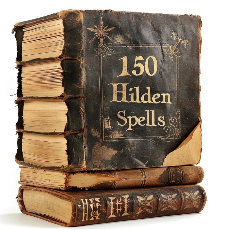 Puede incluir: Una pila de tres libros antiguos con una cubierta de cuero desgastada. El libro superior tiene letras doradas que dicen "150 Hilden Spells".