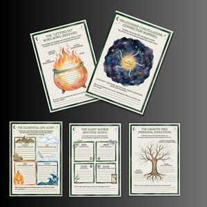 May include: A collection of five watercolor-style cards with green borders. The cards feature text and illustrations related to self-reflection and personal growth, including a burning bowl, a starry sky, and a tree.