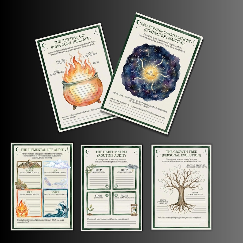 May include: A collection of five watercolor-style cards with green borders. The cards feature text and illustrations related to self-reflection and personal growth, including a burning bowl, a starry sky, and a tree.