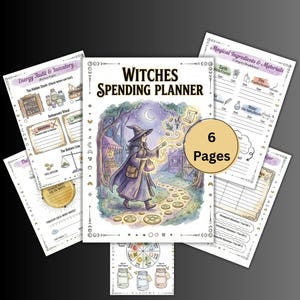 Peut inclure: Un "Witches Spending Planner" avec 6 pages, avec une illustration de sorcière. Le planificateur comprend des pages pour les audits énergétiques, les ingrédients magiques et le suivi financier. La couverture montre une sorcière marchant sur un chemin.