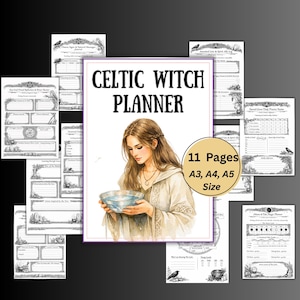 May include: A Celtic Witch Planner, offering 11 pages in A3, A4, and A5 sizes. The cover displays a watercolour illustration of a woman with a bowl of water. Additional pages with detailed grayscale designs surround the planner.