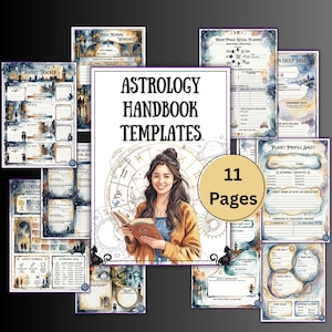 May include: An astrology handbook with 11 pages of templates. The cover features a woman reading a book, surrounded by astrological symbols. The pages include worksheets for transit tracking, moon phase rituals, and planet profiles.