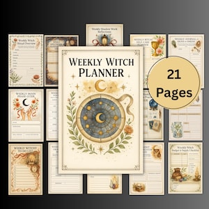 Puede incluir: Un planificador semanal de brujas con 21 páginas. La portada presenta un diseño celestial con una luna creciente, estrellas y una ilustración en forma de brújula. Alrededor del planificador hay varias páginas con títulos como "Guía de fases lunares semanales" y "Lista de tareas semanales de brujas".