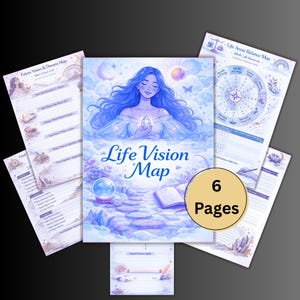 May include: A set of six pages of a "Life Vision Map" journal. The cover features a woman with blue hair holding a crystal. The pages are light blue and purple with illustrations and text.