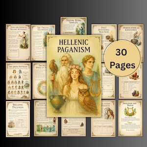 Può includere: Una collezione di 30 pagine stampabili a tema Paganismo Ellenico. L'immagine centrale presenta illustrazioni di figure greche, con un gufo e un vaso. Le pagine circostanti contengono testo e illustrazioni su argomenti correlati.