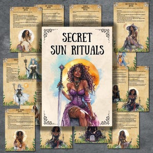 Puede incluir: Un conjunto de tarjetas ilustradas y un póster central titulado "Secret Sun Rituals". La imagen principal muestra a una mujer con un vestido morado sosteniendo una espada, sobre un fondo de sol amarillo. Las tarjetas circundantes presentan ilustraciones y texto similares.