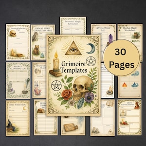 May include: A collection of 30 printable Grimoire Templates pages with a vintage aesthetic. The central design features a skull, candle, and floral elements. Includes pages for reflection, logs, and worksheets.