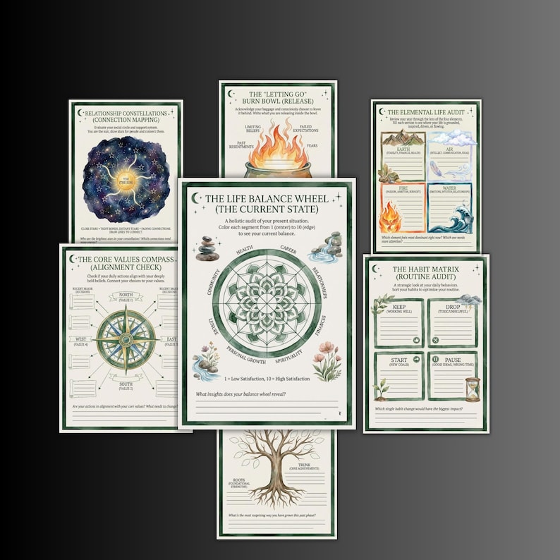 May include: A collection of eight printed cards with watercolor illustrations and text. The cards feature themes like the Life Balance Wheel, Core Values Compass, and Habit Matrix. The color palette includes greens, blues, and earth tones, with handwritten-style fonts.