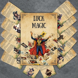 Pode incluir: Uma ilustração de estilo vintage de um mágico cercado por cartas de jogar. O mágico está vestindo uma capa vermelha e um terno azul com uma estrela amarela no peito. O texto "LUCK MAGIC" está escrito em negrito no topo da imagem.
