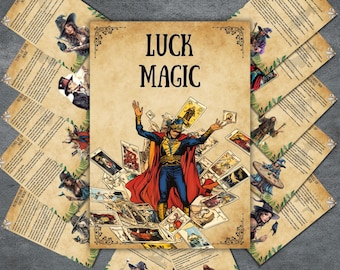 May include: A vintage-style illustration of a magician surrounded by playing cards. The magician is wearing a red cape and blue suit with a yellow star on the chest. The text "LUCK MAGIC" is written in bold letters at the top of the image.