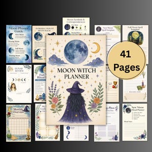 Op de afbeelding: Een Moon Witch Planner met 41 pagina's, met een aquarel illustratie van een heks met een paarse hoed en cape, omringd door hemelse elementen. Bevat gidsen, sjablonen en ritueelplanners voor maanfasen en spreuken.
