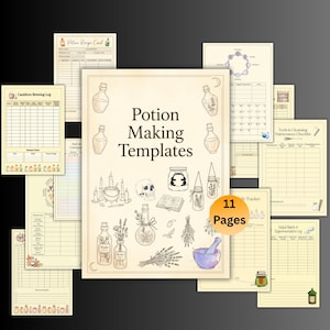 Może przedstawiać: Kolekcja 11 szablonów do druku do tworzenia mikstur na papierze w kolorze kremowym. Na środkowej stronie znajduje się tekst Potion Making Templates otoczony ilustracjami butelek, czaszki, kociołka, moździerza i ziół.