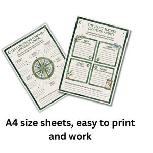 May include: Two A4 size sheets with green borders. One sheet features a compass design with the text "The Core Values Compass." The other sheet has the text "The Habit Matrix." The text "A4 size sheets, easy to print and work" is at the bottom.