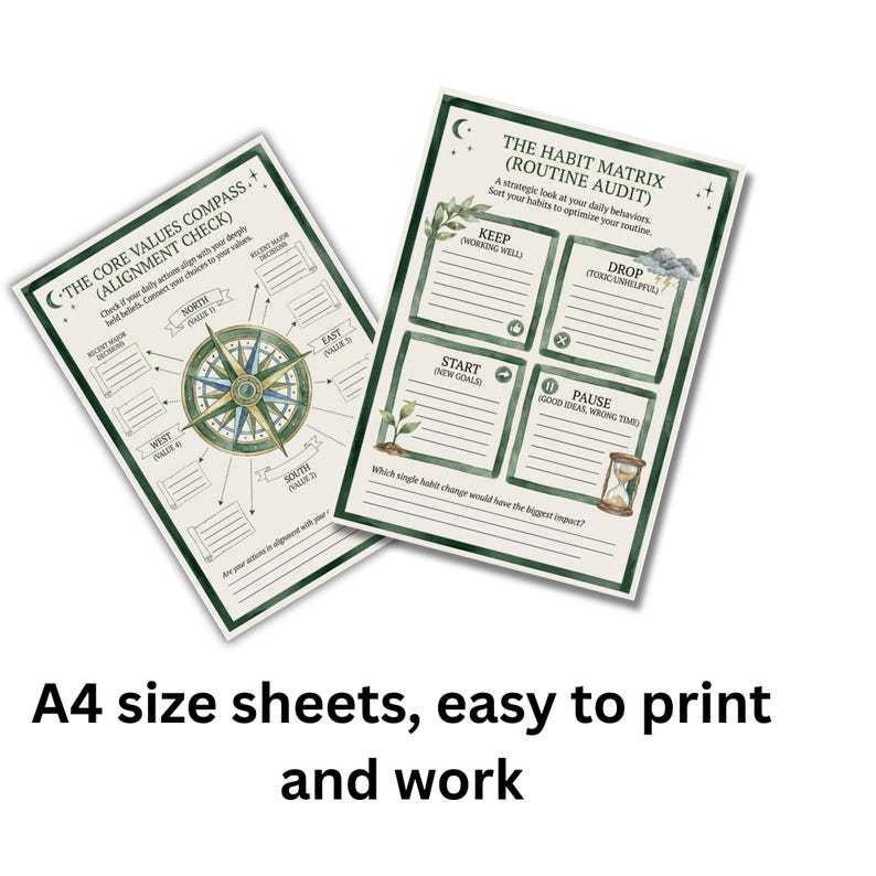 May include: Two A4 size sheets with green borders. One sheet features a compass design with the text "The Core Values Compass." The other sheet has the text "The Habit Matrix." The text "A4 size sheets, easy to print and work" is at the bottom.