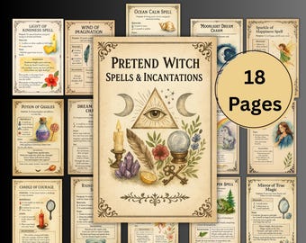 May include: A collection of 18 pages of pretend witch spells and incantations. The central page features an eye within a triangle, crescent moons, a candle, crystals, and a crystal ball. Surrounding pages detail various spells.