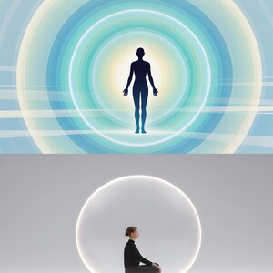 May include: A digital illustration of a human silhouette in dark blue, centered against a backdrop of concentric circles in shades of blue and white. Below, a person sits in a meditative pose within a glowing white sphere.