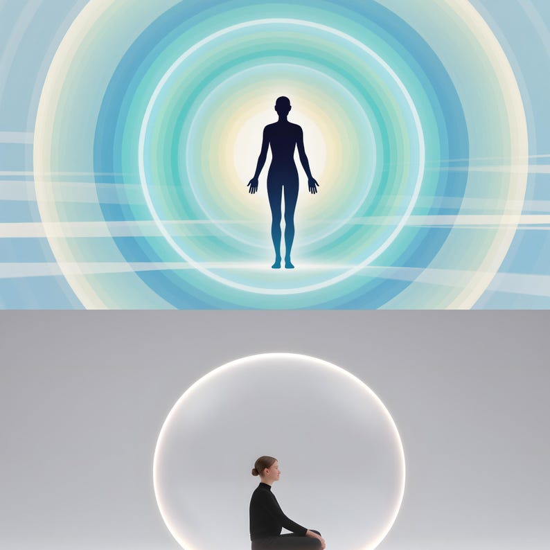 May include: A digital illustration of a human silhouette in dark blue, centered against a backdrop of concentric circles in shades of blue and white. Below, a person sits in a meditative pose within a glowing white sphere.
