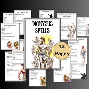 Puede incluir: Un conjunto de 13 páginas tituladas "Dionysus Spells", con ilustraciones de figuras griegas. Cada página contiene instrucciones para hechizos, con ingredientes y métodos detallados.